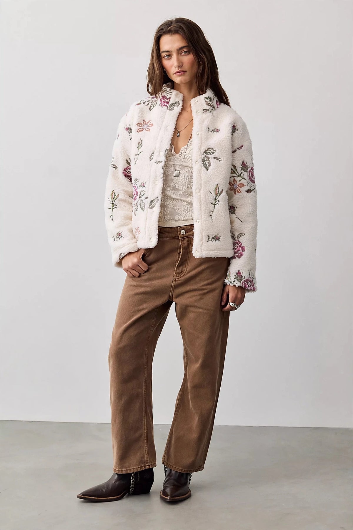 Women's Floral Embroidered Sherpa Jacket