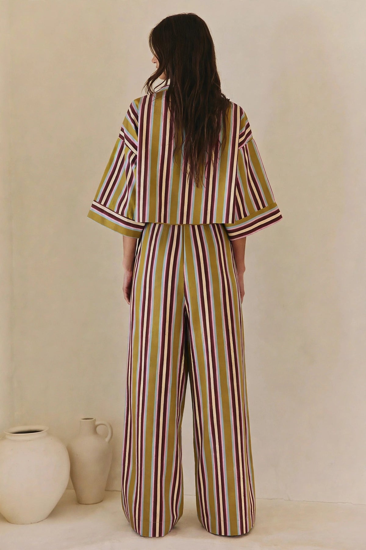 Women's Multi Stripe Toggle Closure Top with matching Multi Stripe Drawstring Wide Leg Pants