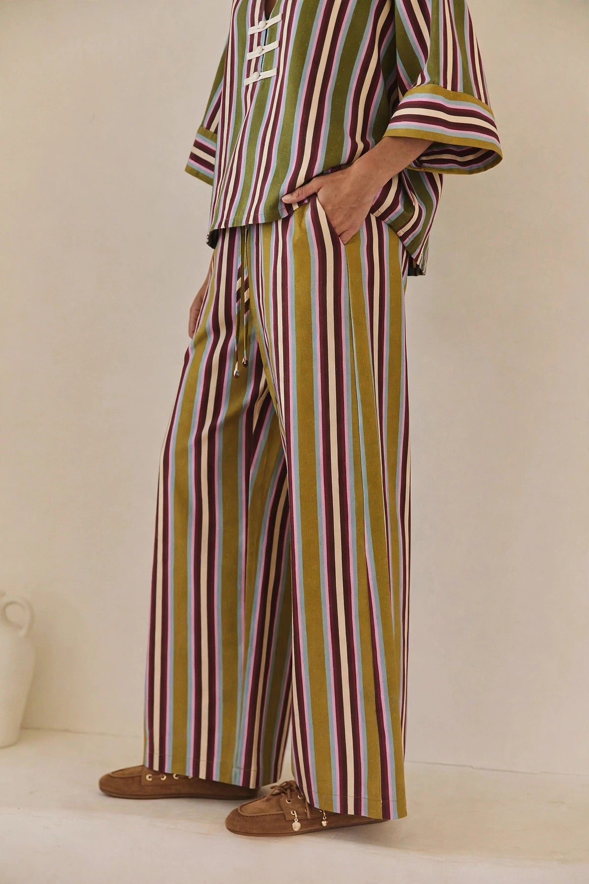 Women's Multi Stripe Drawstring Wide Leg Pants