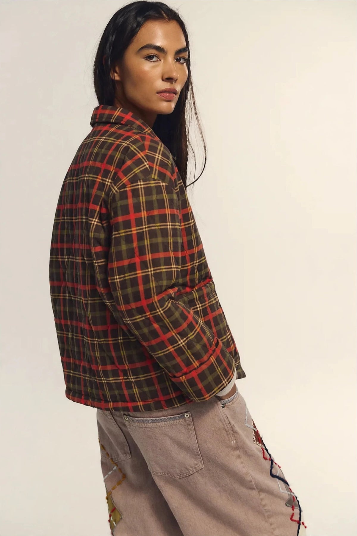 Women's Plaid Quilted Embroidered Closure Jacket in fall plaid