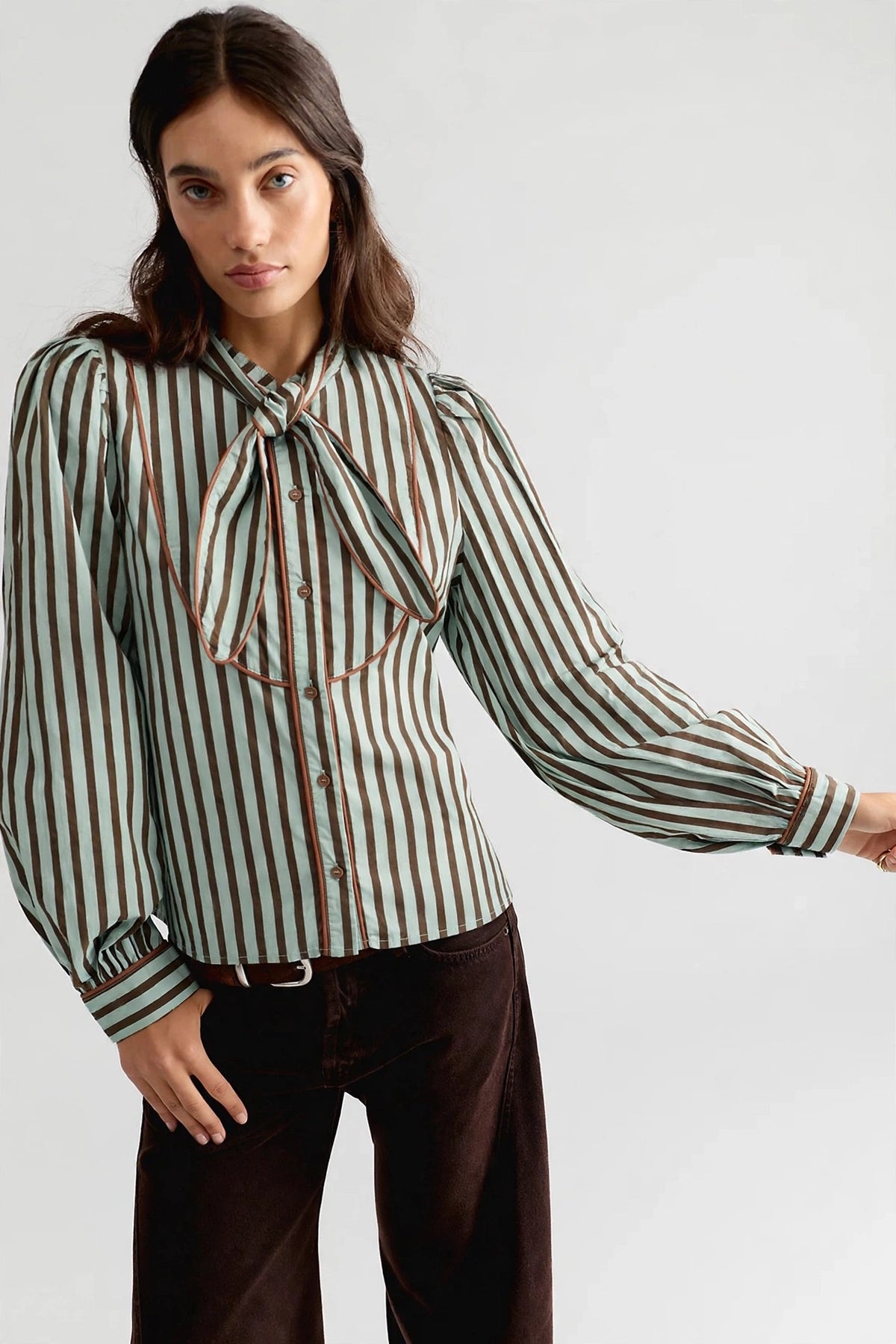Striped Tying Neck Button Down Top