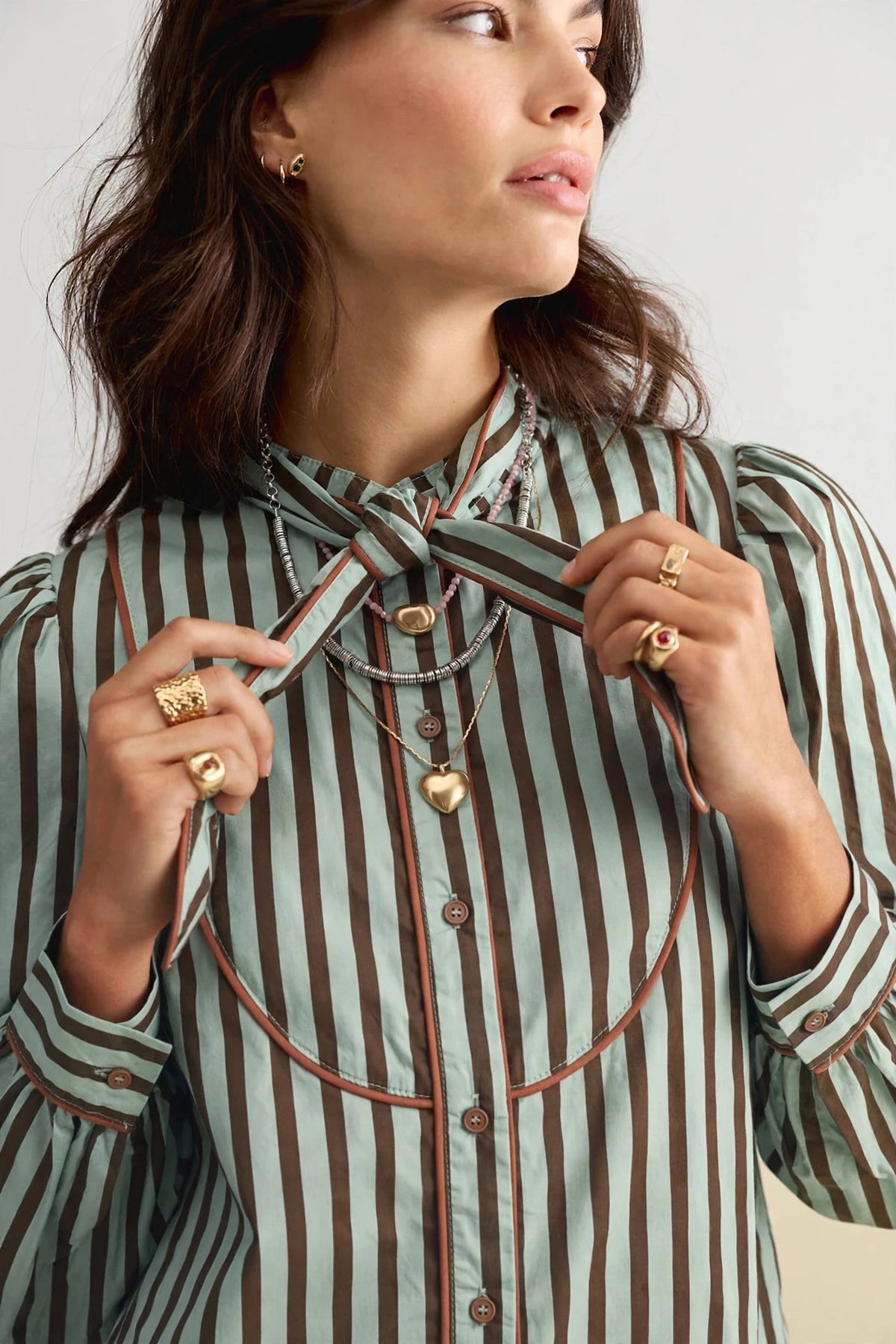Striped Tying Neck Button Down Top