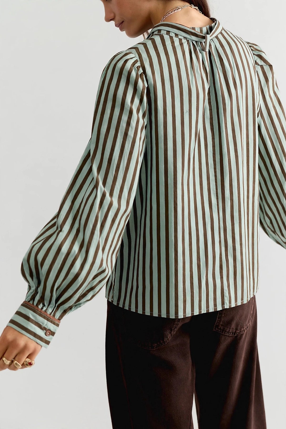 Striped Tying Neck Button Down Top