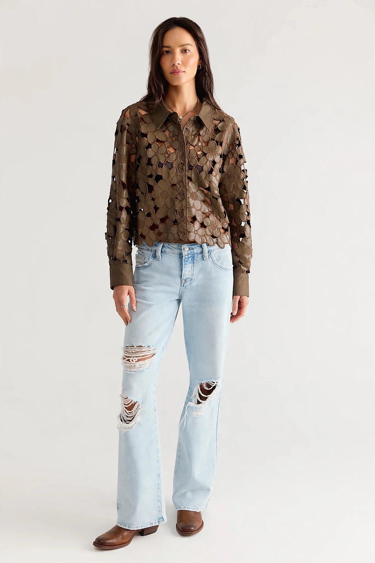 Floral Eyelet Long Sleeve Blouse in olive brown, front view, worn with light wash jeans and brown boots