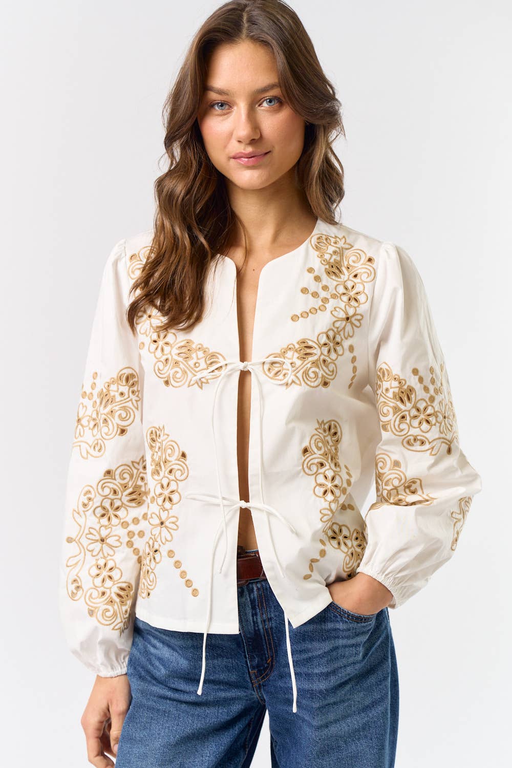 Floral Embroidered Front Tie Top
