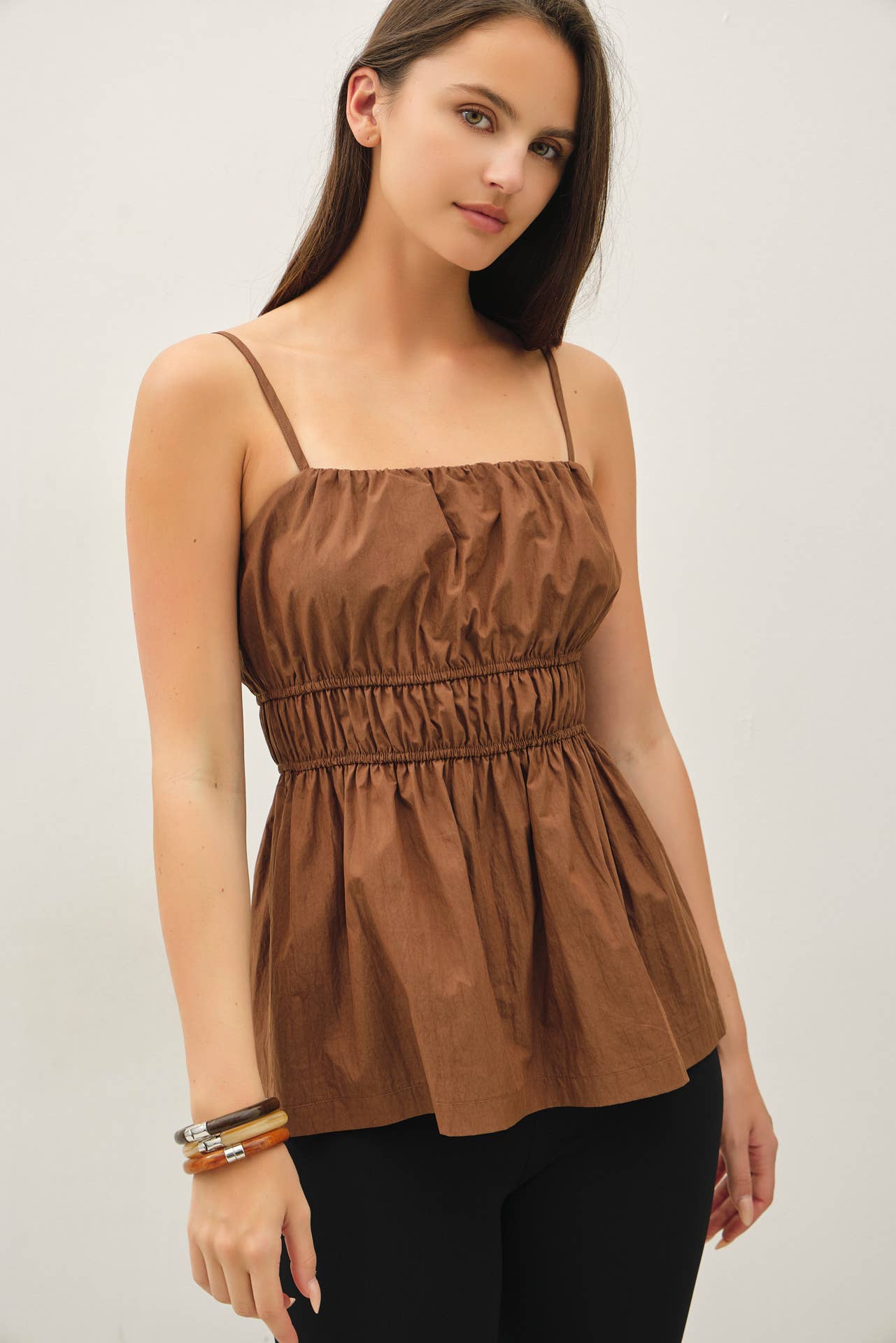 RUCHED CAMI TOP W SOMKED WAIST AND PEPLUM HEM