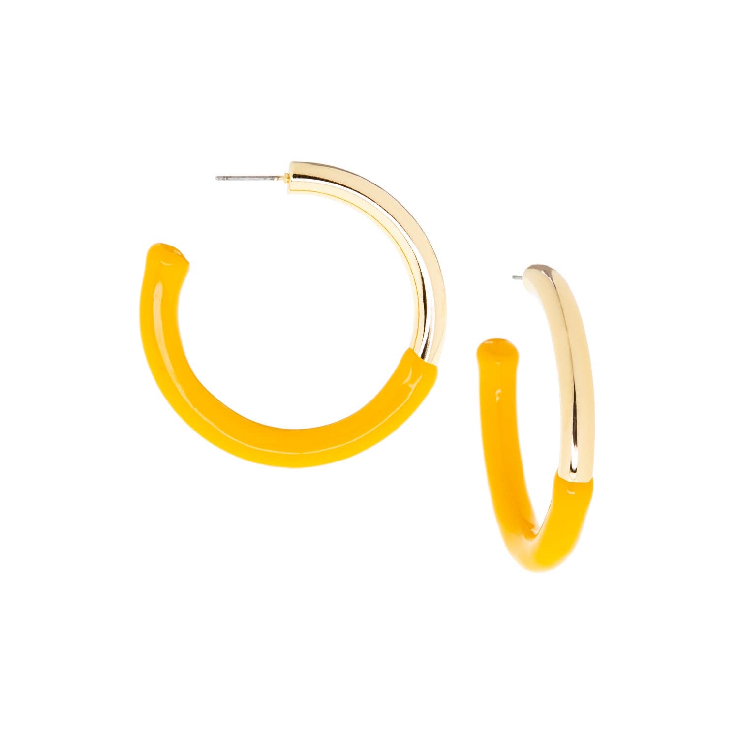 Gold and yellow hoop earrings on a white background