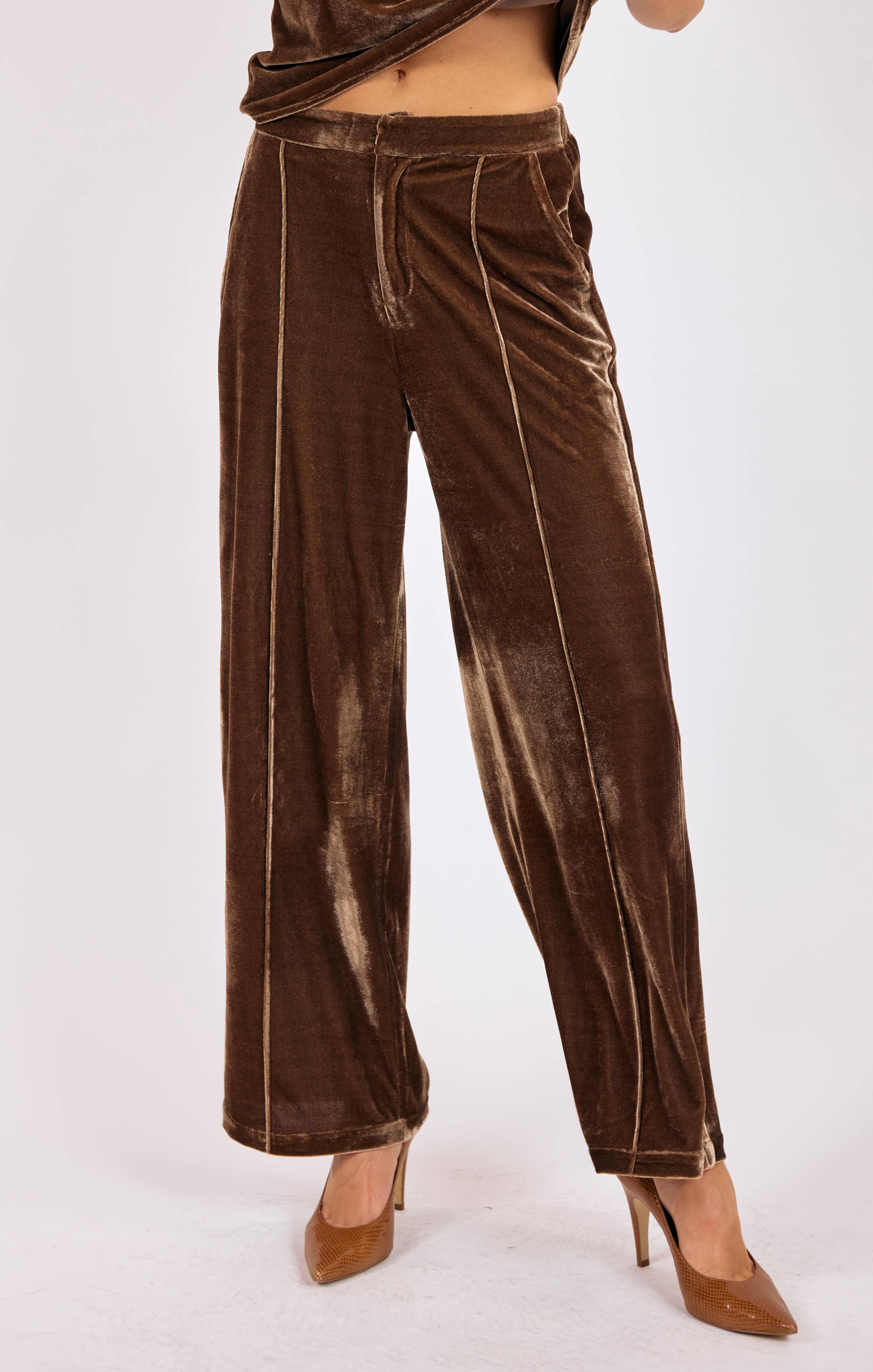 Twilight Spell Stretch Velvet Pin Tuck Trousers : MOCHA