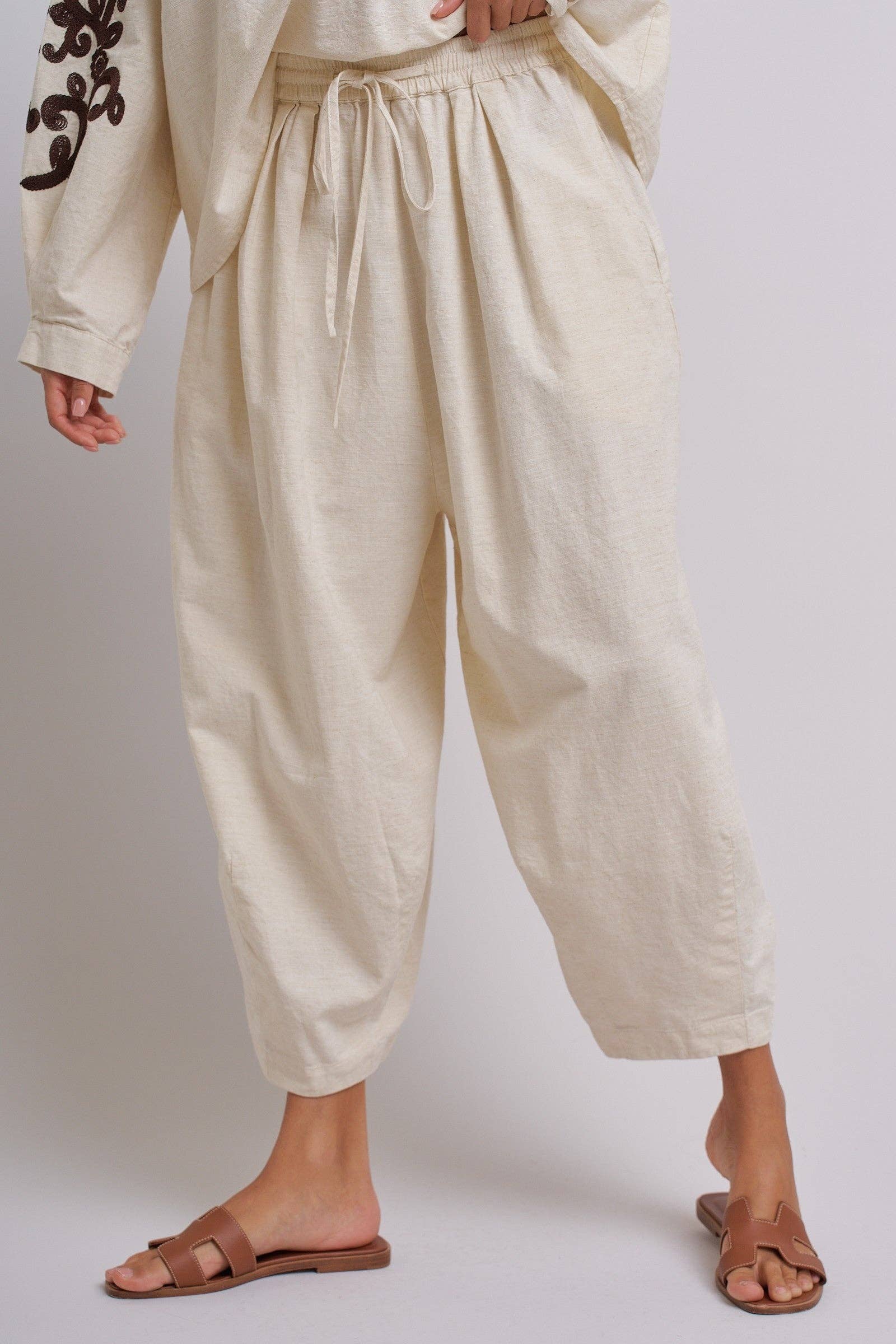 Linen Drawstring Cocoon Pants with Elastic Waist