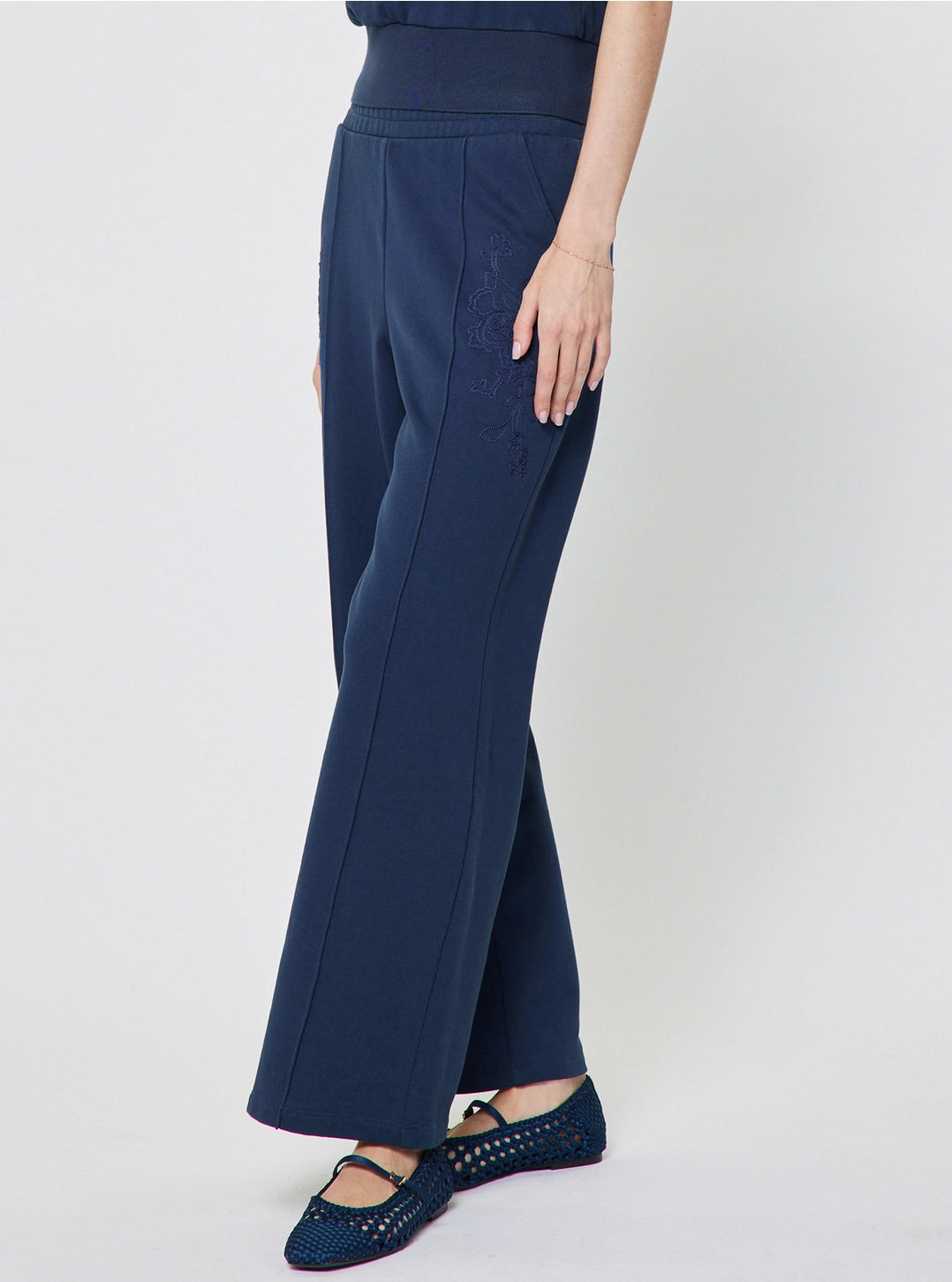 Embroidered Wide Leg Drawstring Pants