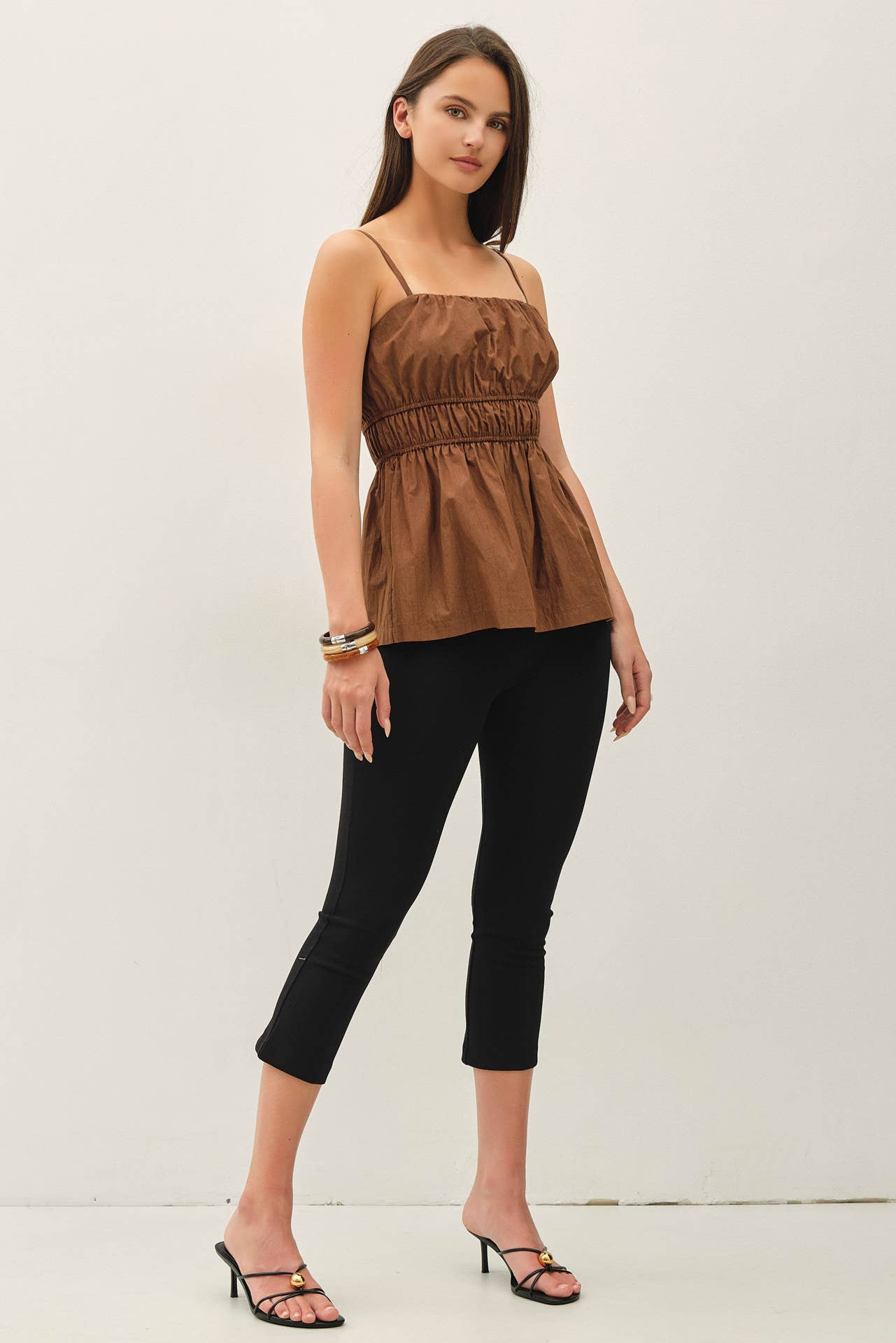 RUCHED CAMI TOP W SOMKED WAIST AND PEPLUM HEM