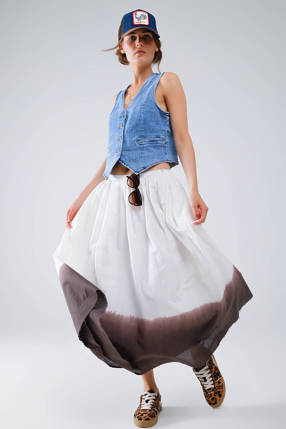 Flowy Drop Waist White Skirt With Brown Ombre