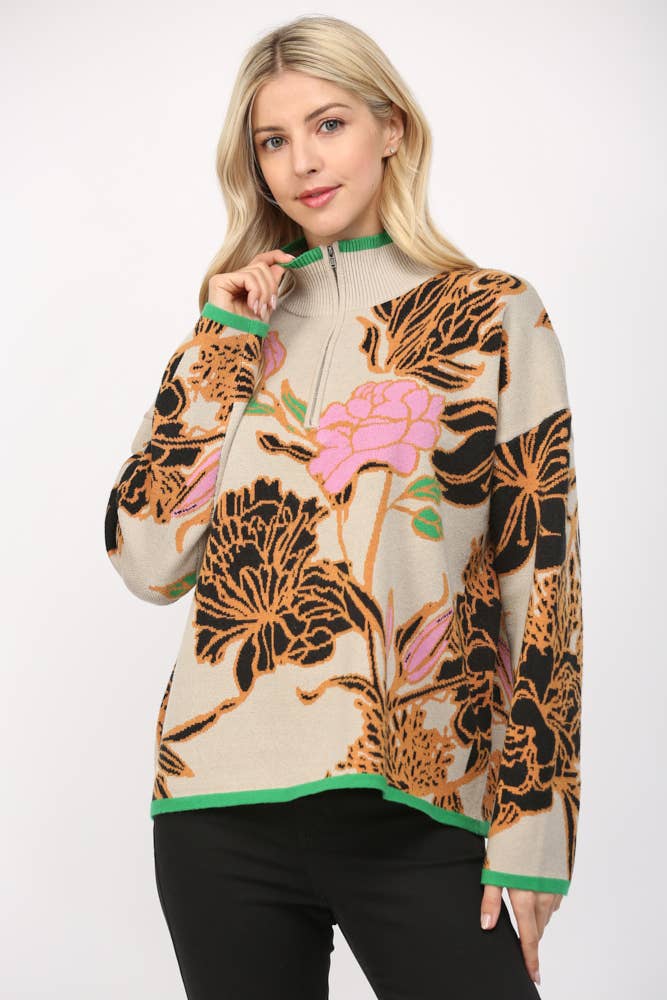 FLORAL JACQUARD KNIT MOCK NECK