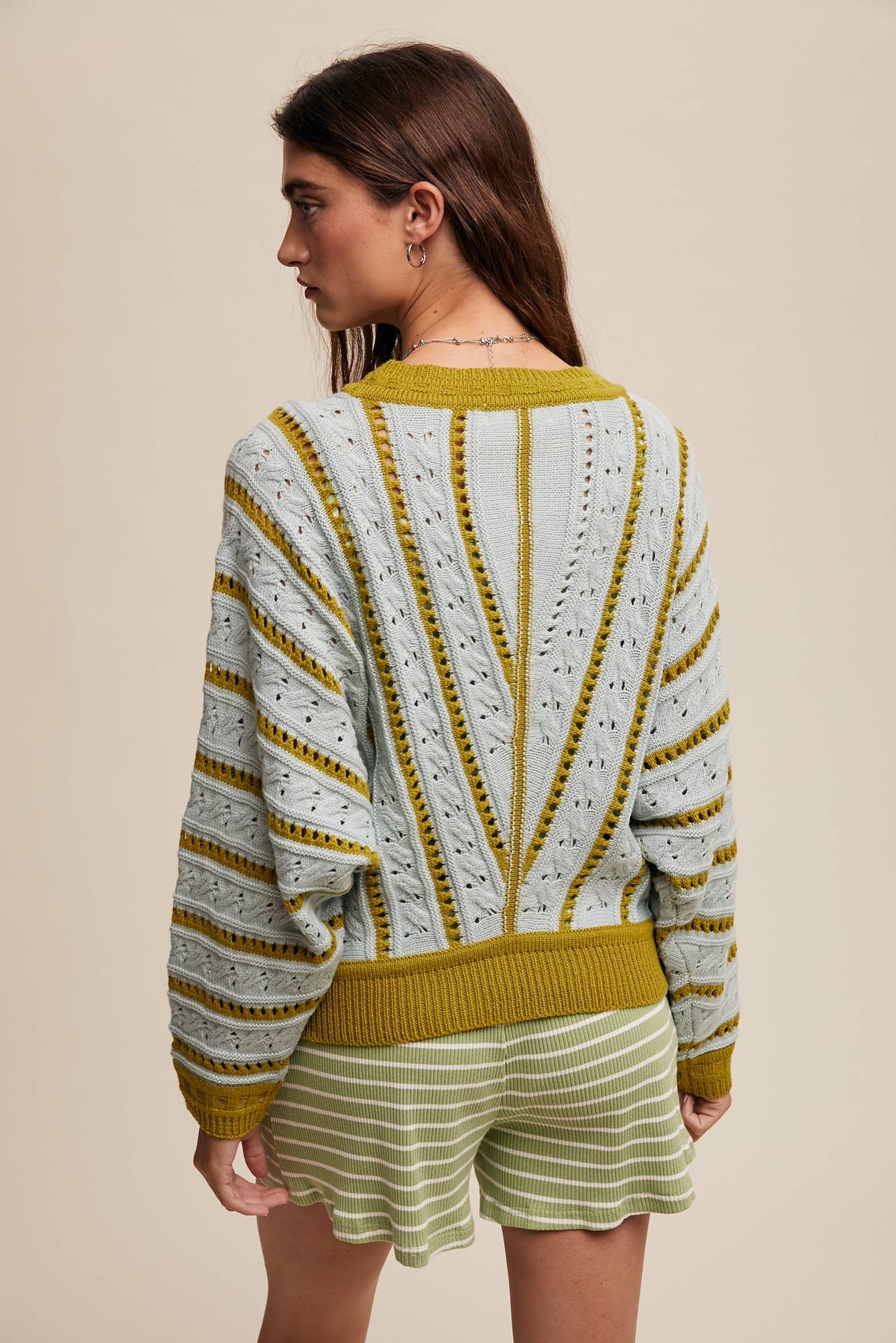 V- Striped Pointelle Light Weight Knit Sweater