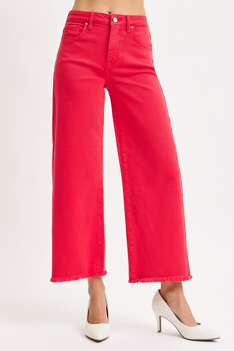 Risen Jeans | Tummy Control Red Raw Hem High Waisted Denim