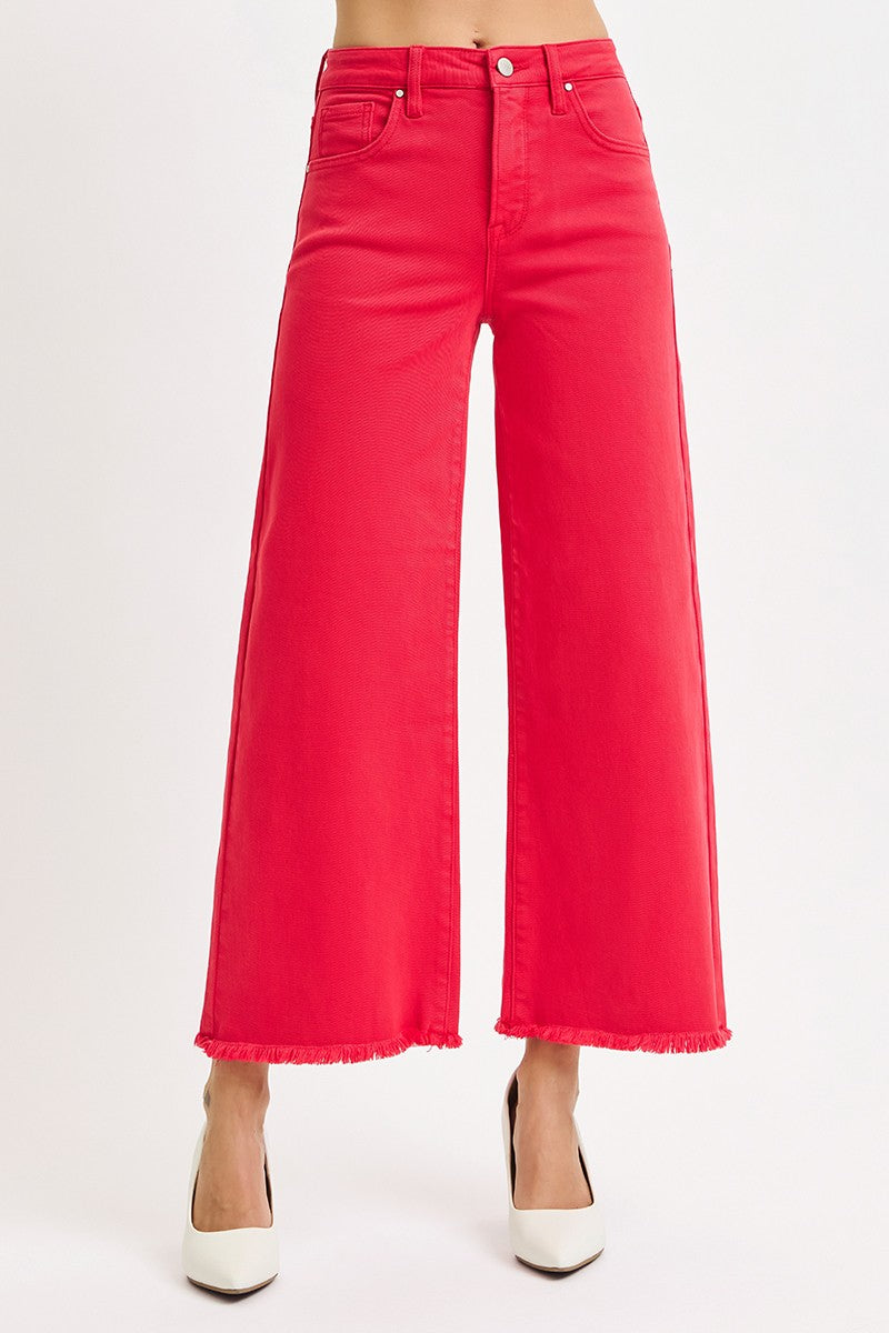 Risen Jeans | Tummy Control Red Raw Hem High Waisted Denim