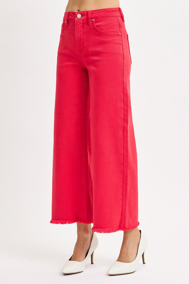Risen Jeans | Tummy Control Red Raw Hem High Waisted Denim