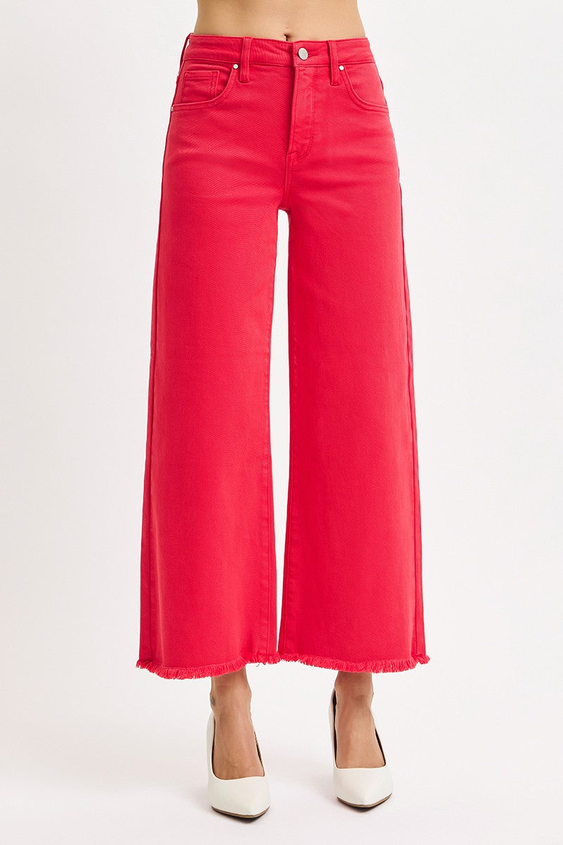 Risen Jeans | Tummy Control Red Raw Hem High Waisted Denim