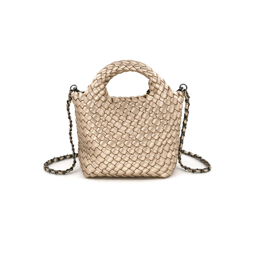 Woven handbag with chain strap on a white background