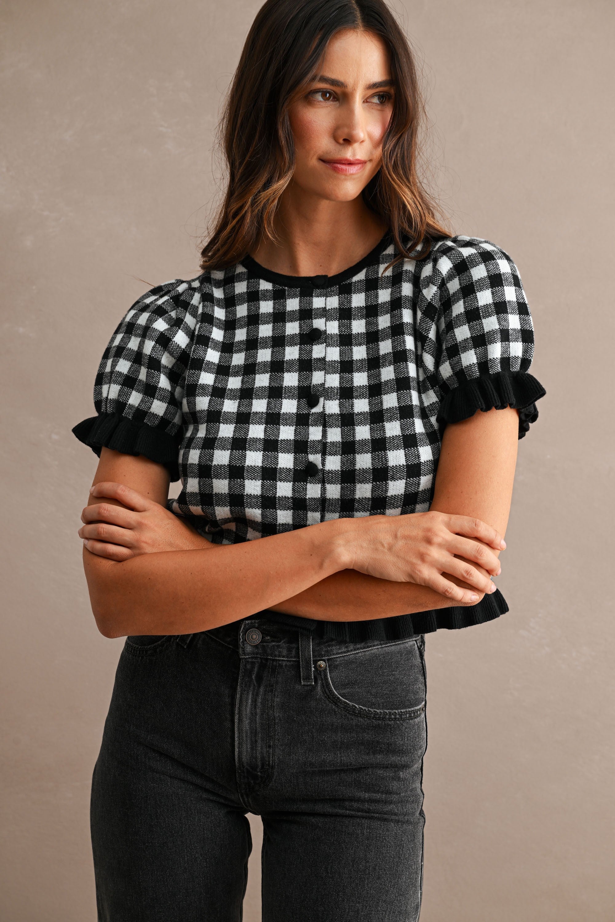 Knit Ruffled Gingham Cardigan