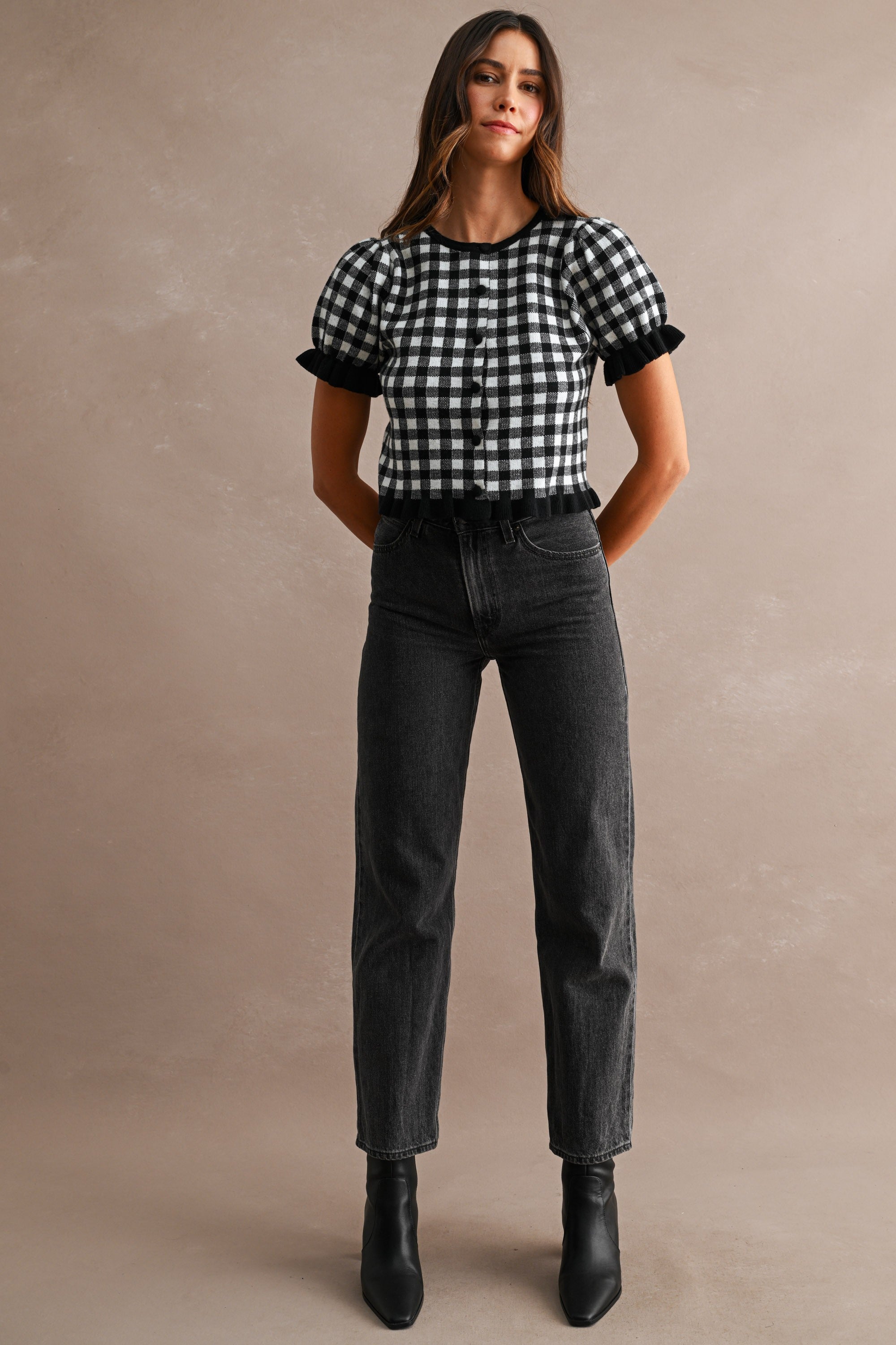 Knit Ruffled Gingham Cardigan
