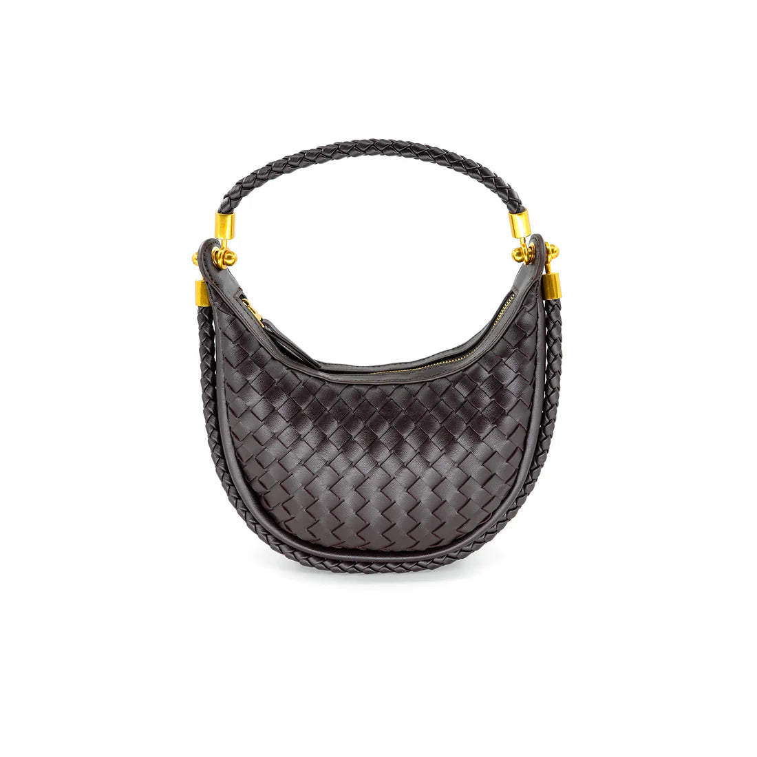 Black woven handbag with gold accents on a white background