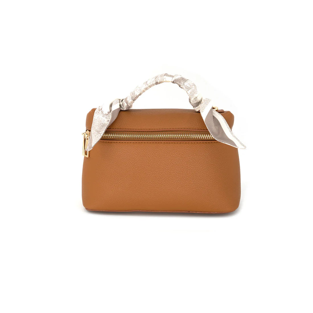 Brown handbag with a decorative ribbon on a white background
