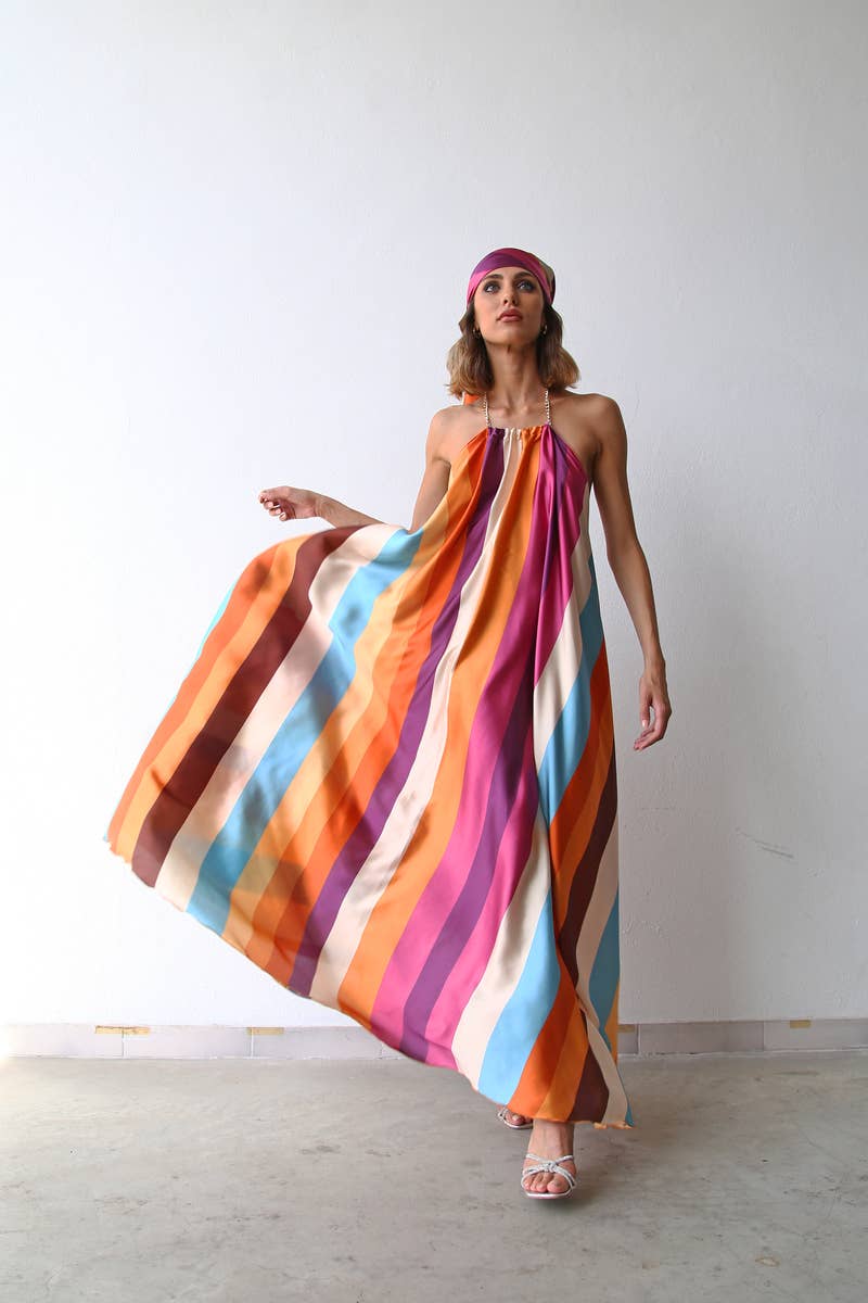 LONG DRESS WITH MULTICOLOR STRIPED CHAIN