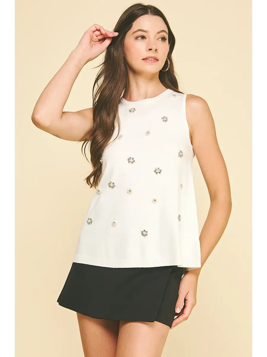 Rhinestone & Pearl Embroidered Knit Top