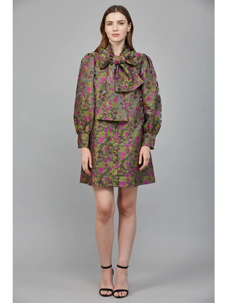 Floral Pattern Jacquard Fabric Bow Tie A-Line Dress