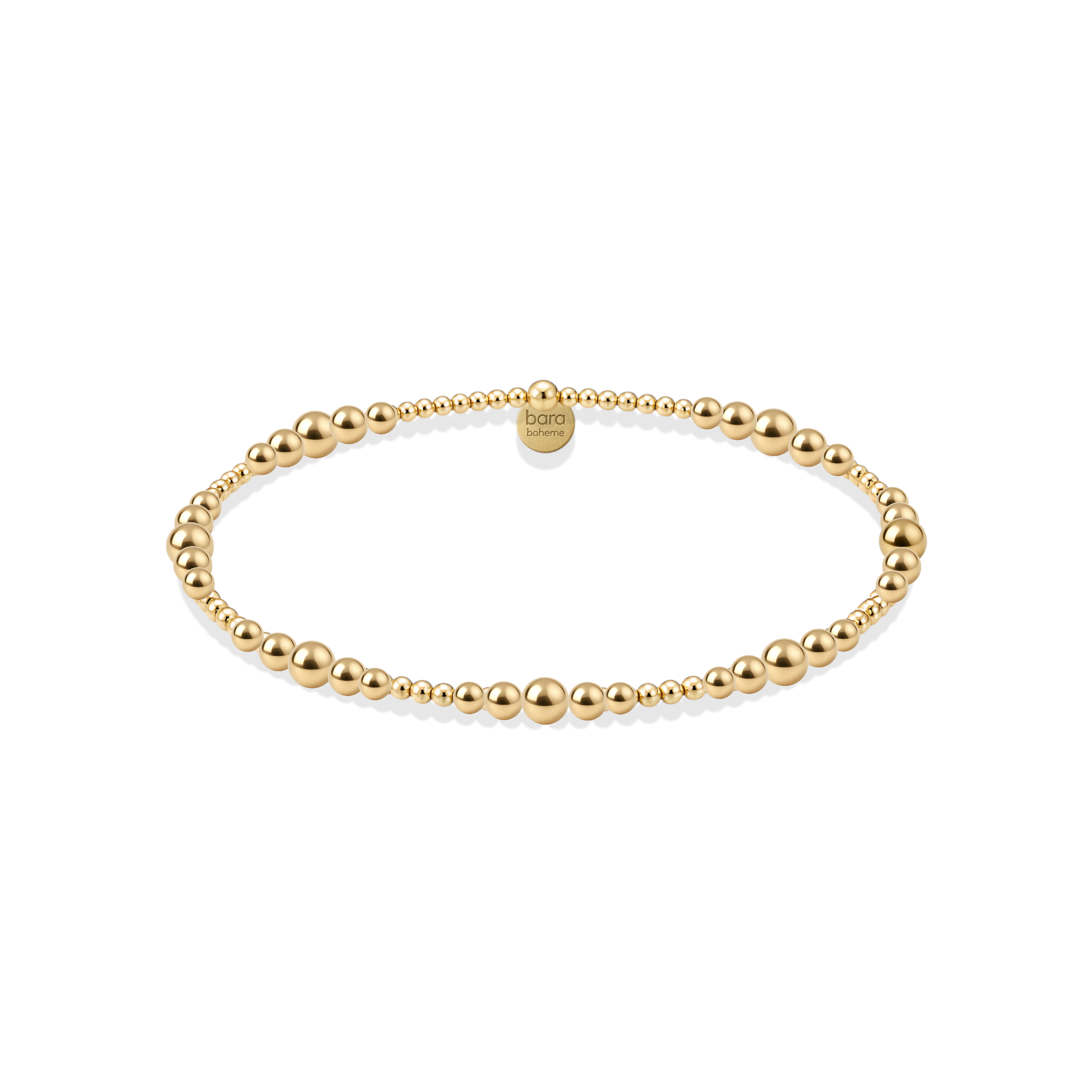 Gold beaded bracelet on a white background