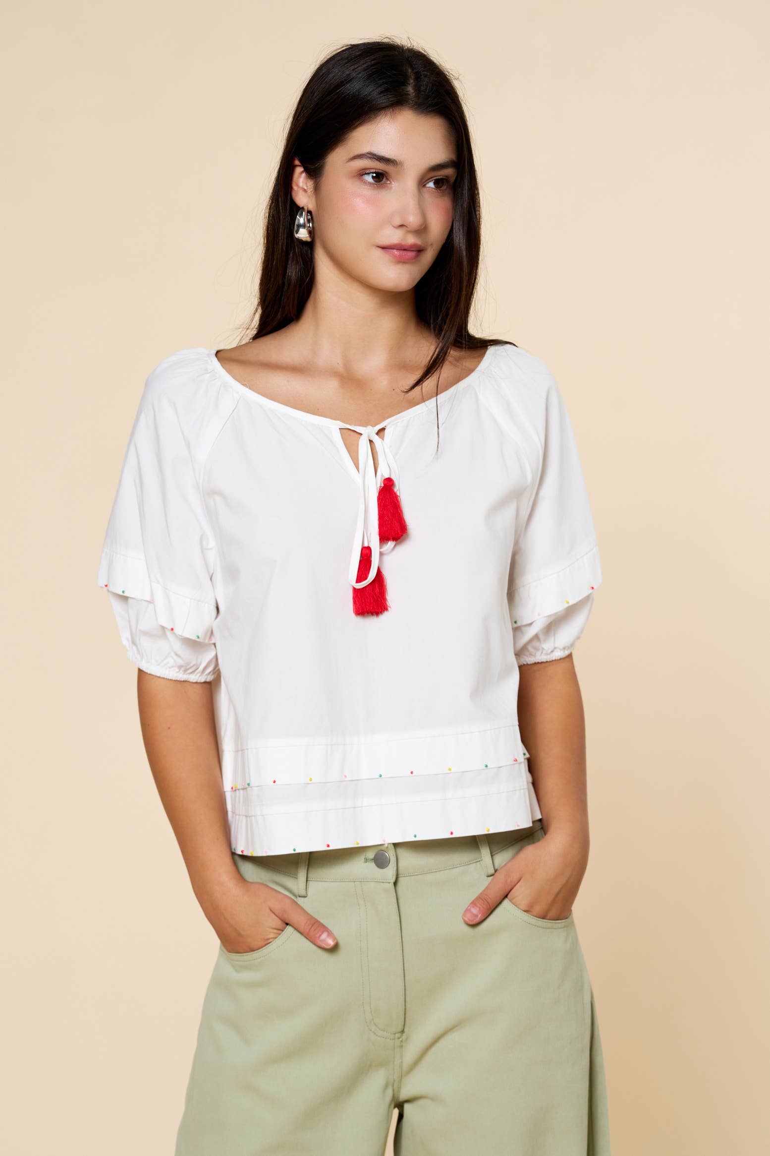 White Tassel Tie Blouse