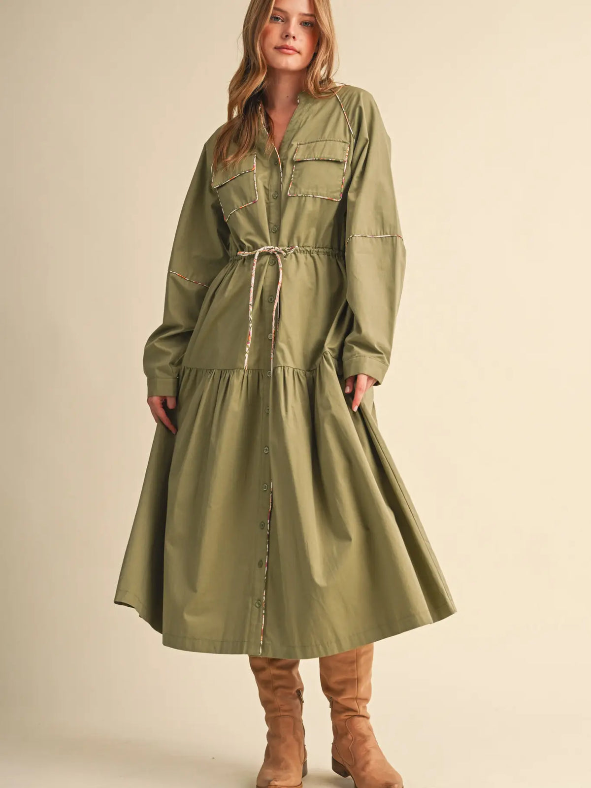 Women's Utility Midi Dress with Contrast Piping Trim