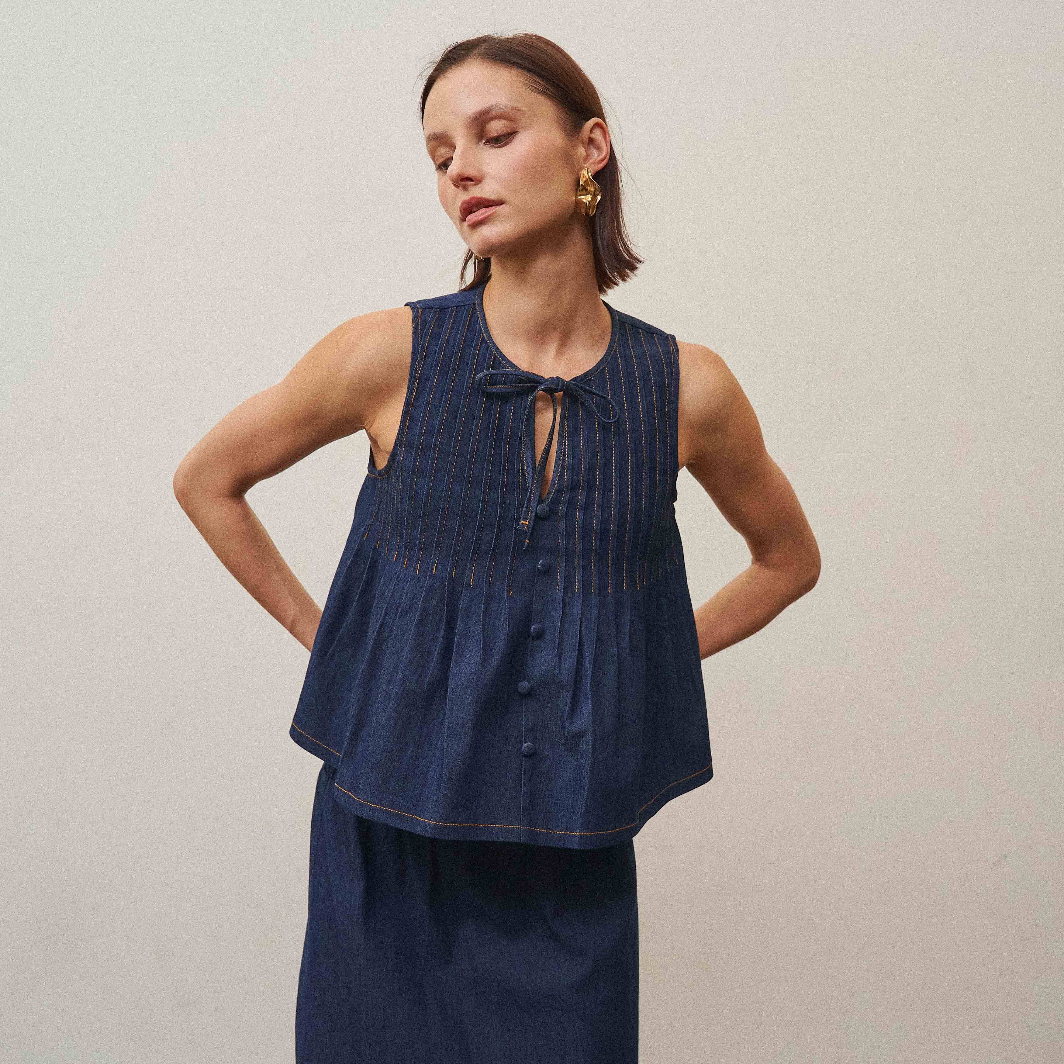 Denim Sleeveless Pleated Top