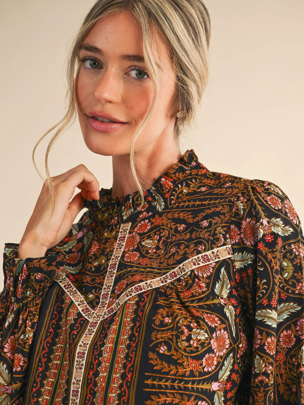 Floral Print Top with Floral Trim