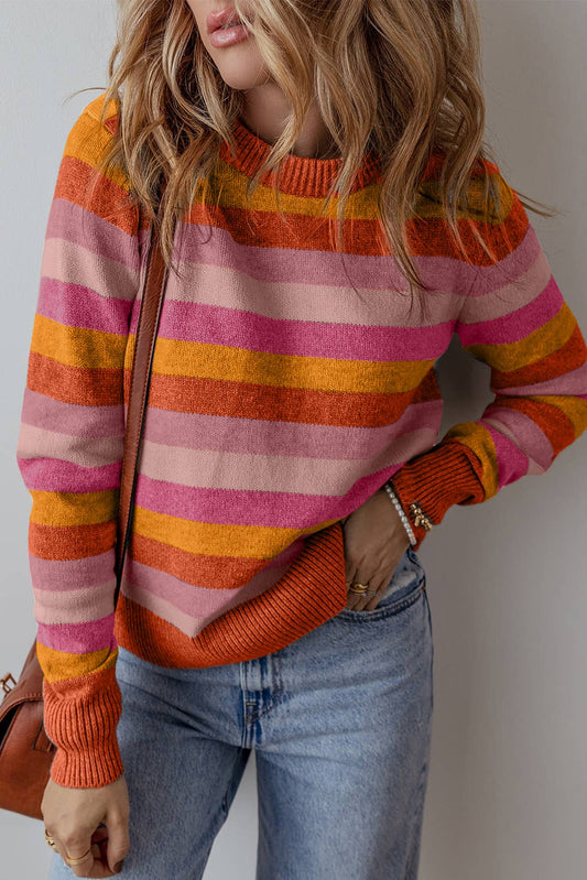 Stripe Color Block Ribbed Edge Round Neck Sweater