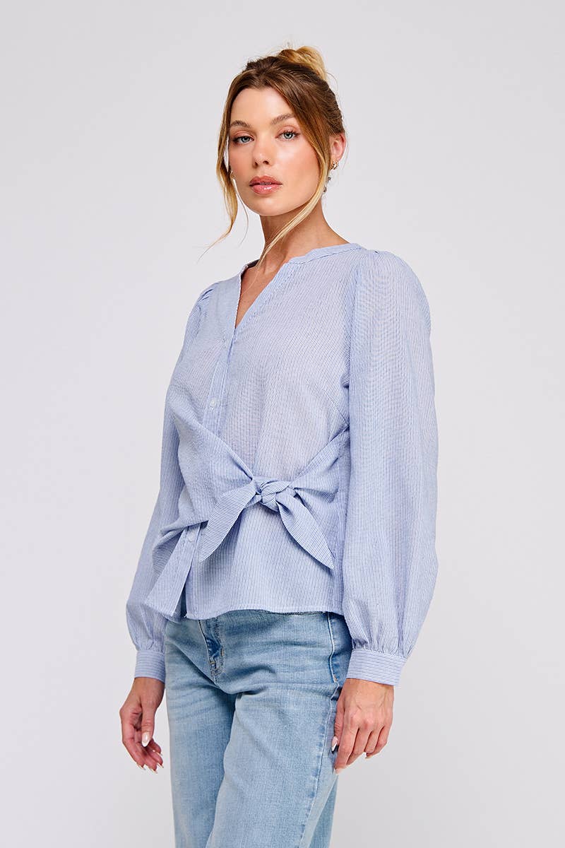 Striped cotton blend side wrap-tie button up blouse
