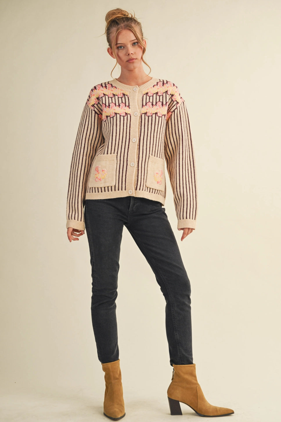 Striped Floral Sweater Cardigan