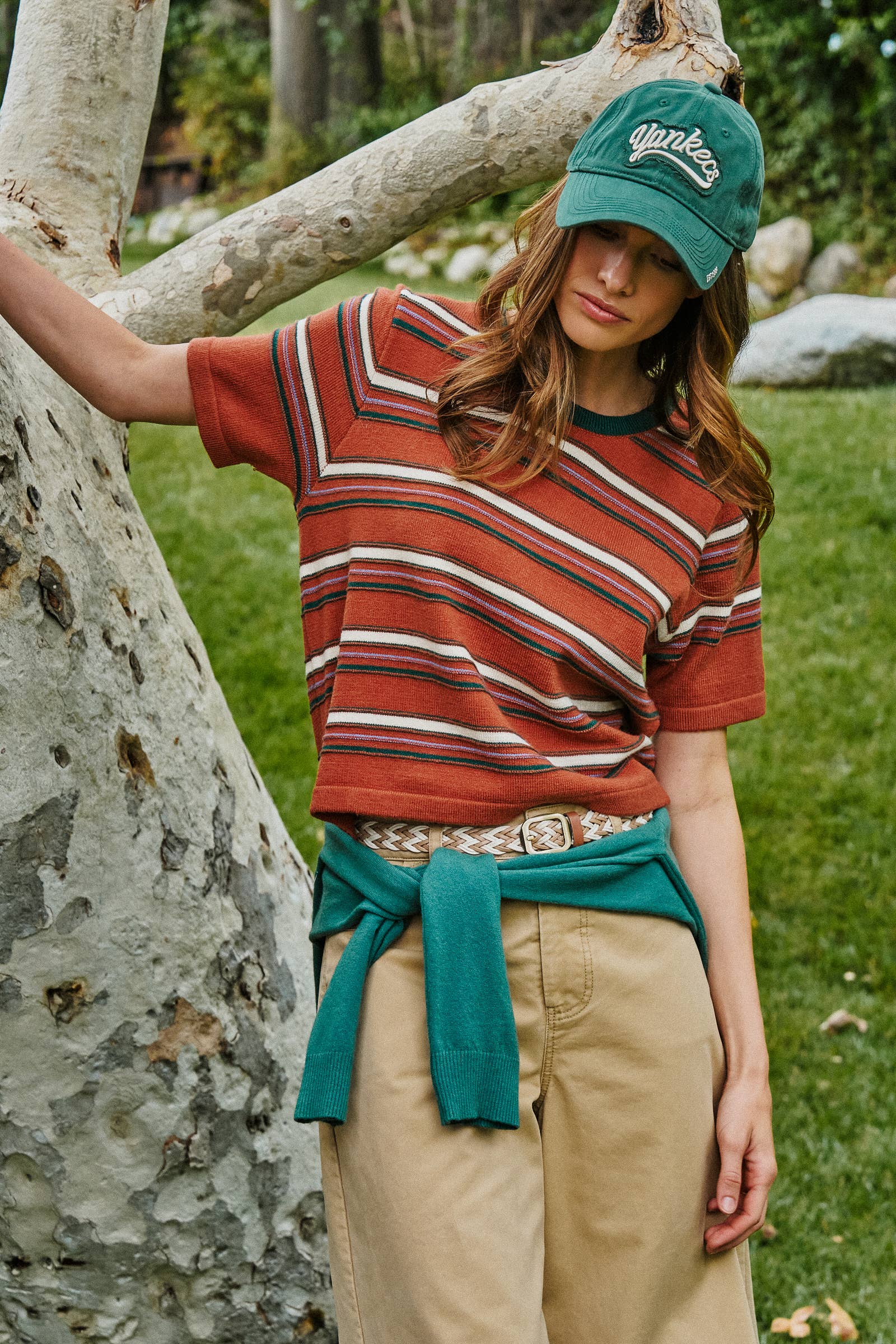 Striped Knit Ringer Tee With Crew Neck