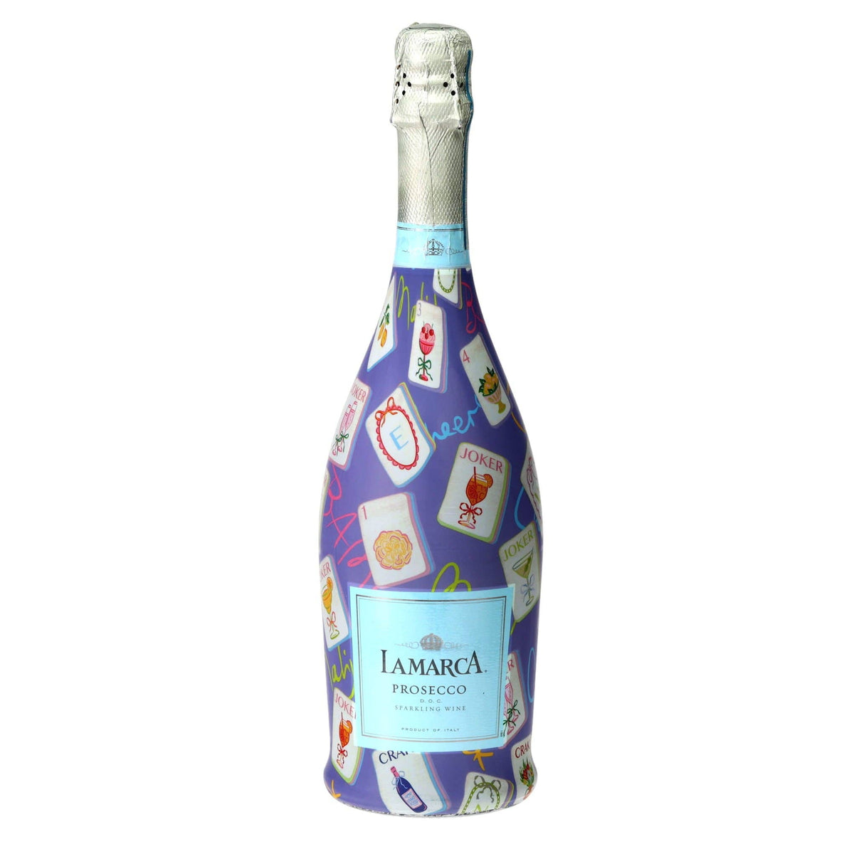 Bottle of Lamarca Prosecco with colorful label on a white background