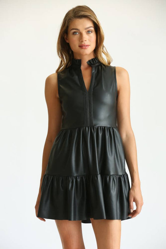 FAUX LEATHER SLEEVELESS RUFFLE DRESS