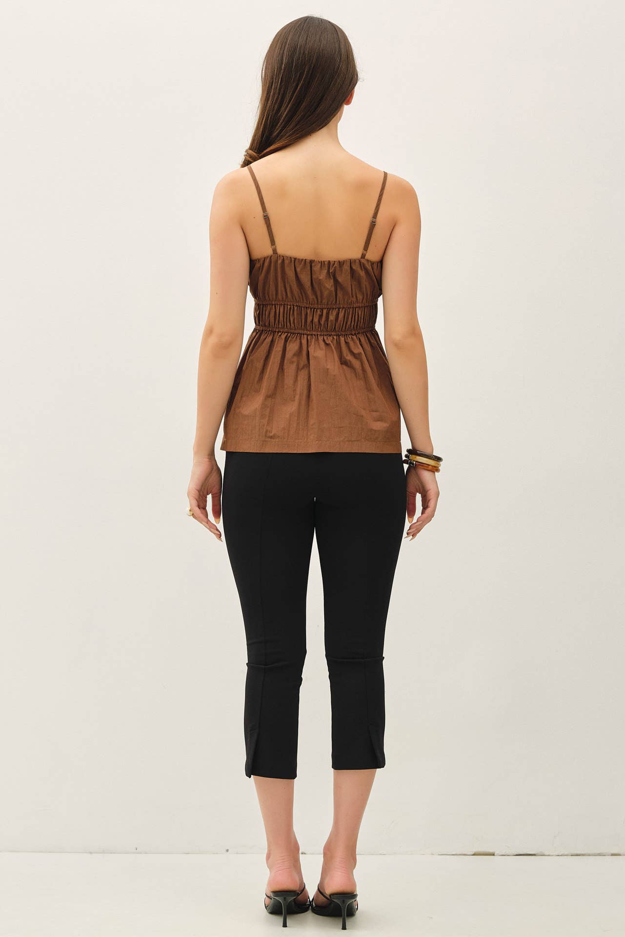 RUCHED CAMI TOP W SOMKED WAIST AND PEPLUM HEM