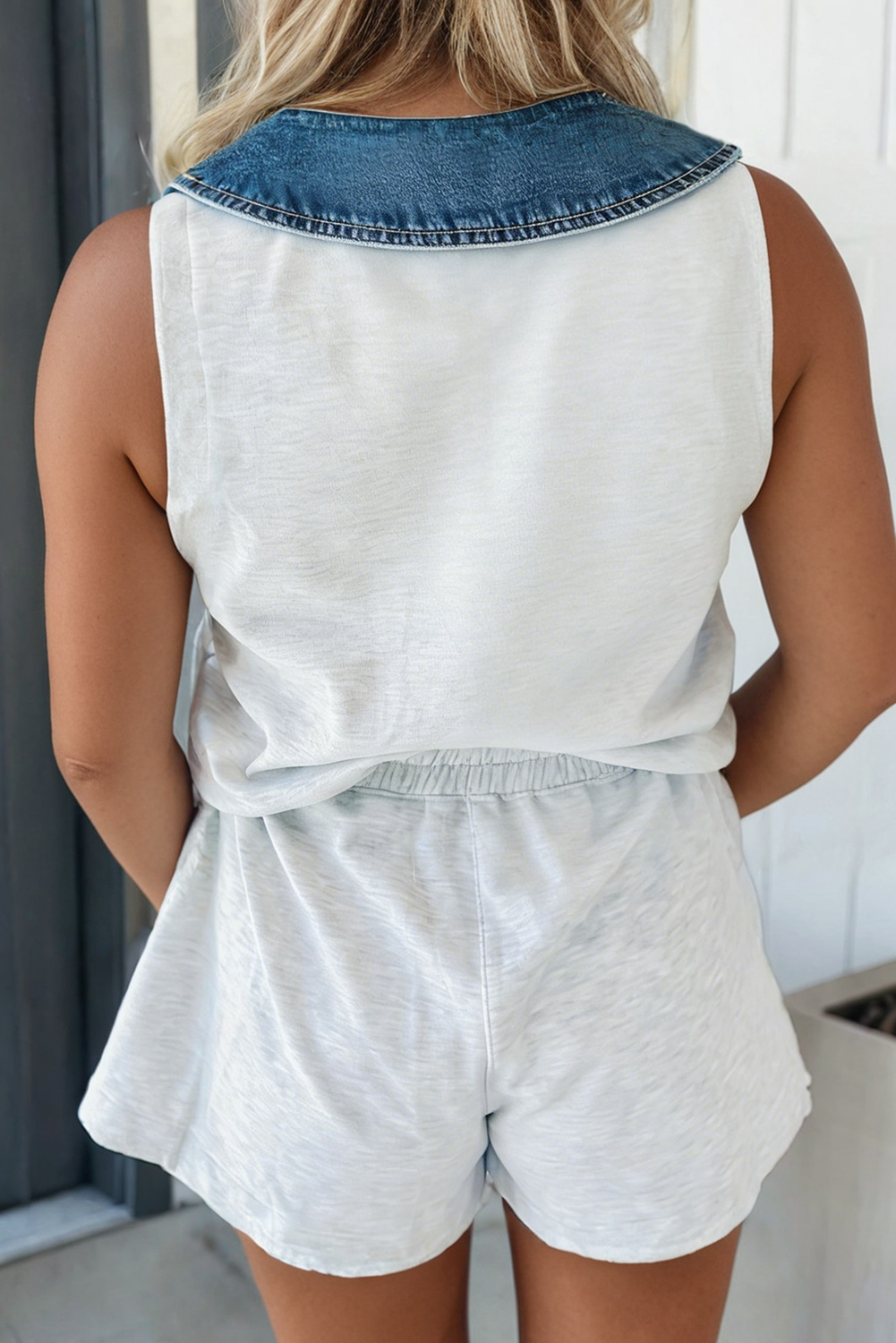 Denim Patchwork Polo Elastic Waist Romper