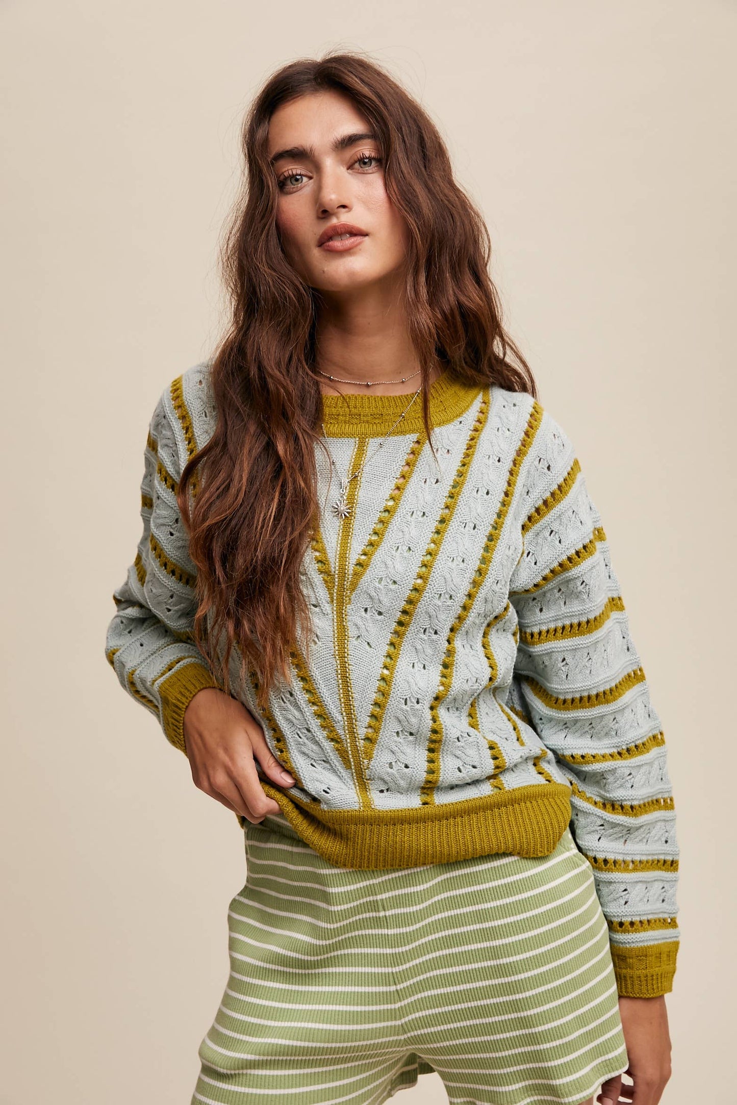 V- Striped Pointelle Light Weight Knit Sweater