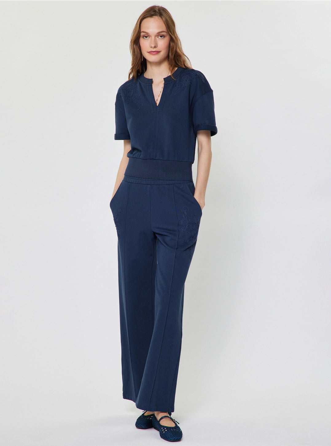Embroidered Wide Leg Drawstring Pants