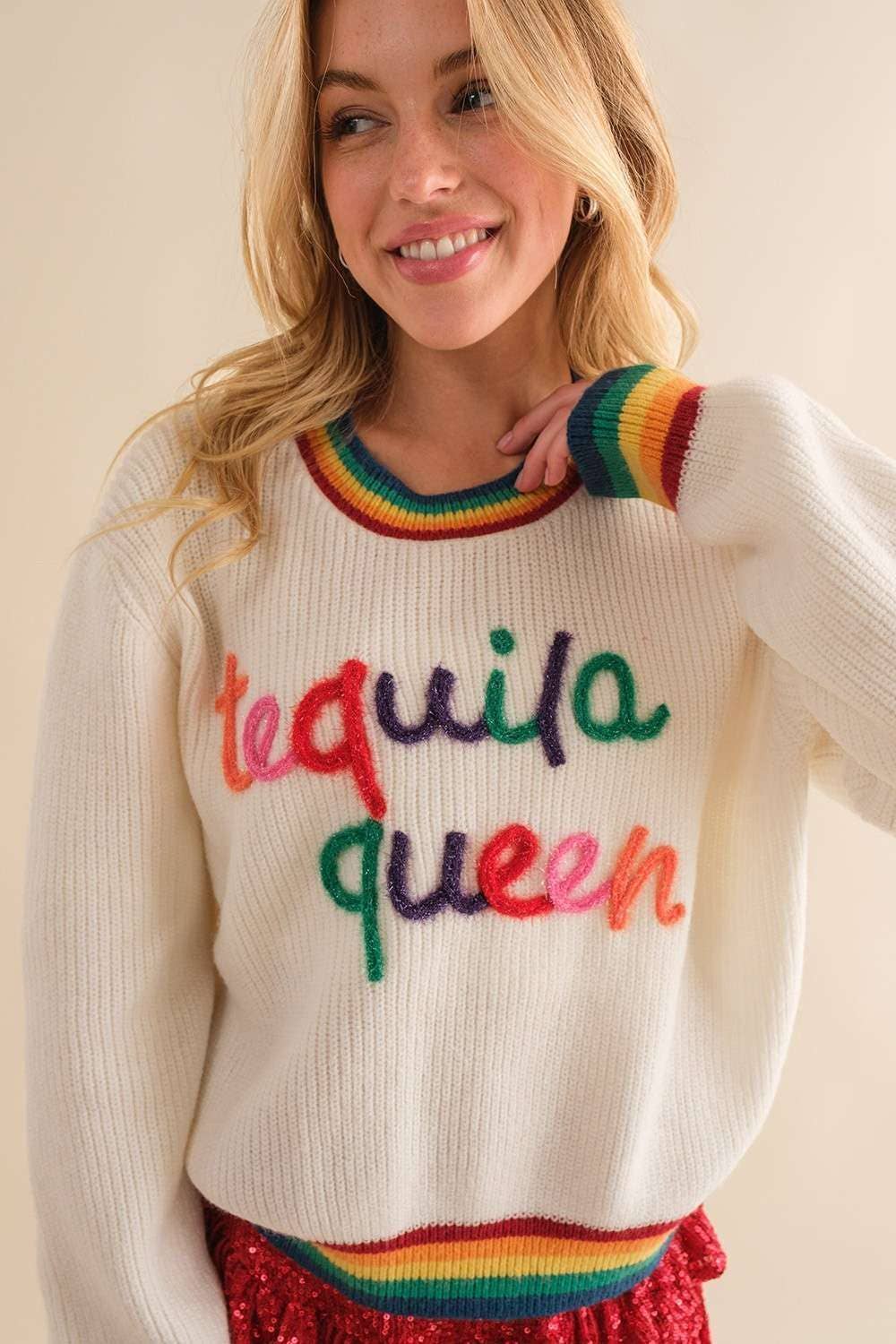 Tequila Queen Sparkle letter Rainbow rib Sweater