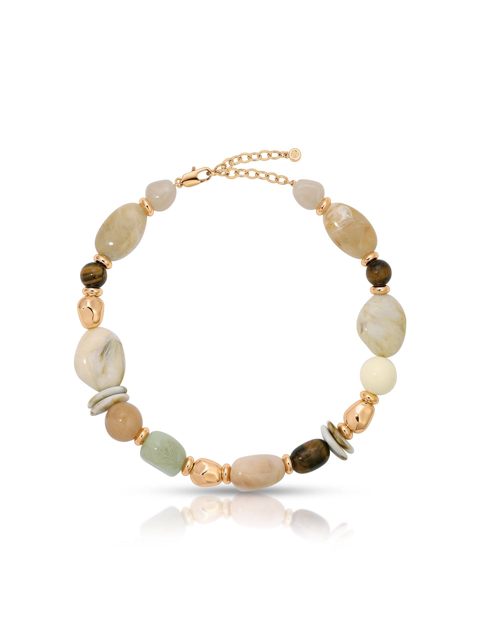A beaded necklace featuring a mix of polished stone beads in beige, green, and brown, accented by gold-toned spacer beads and a gold chain clasp, shown on a white background with a soft reflection.
