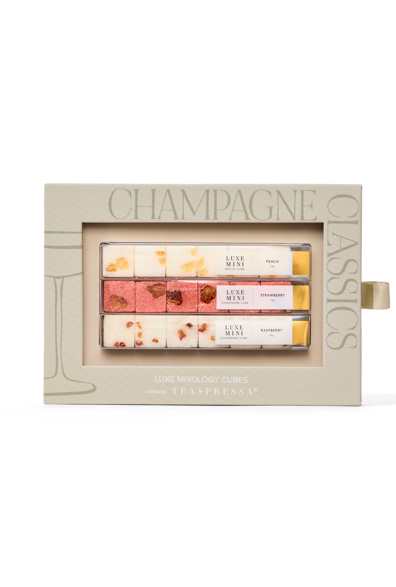 Set of champagne-themed bath bombs in a decorative box on a white background