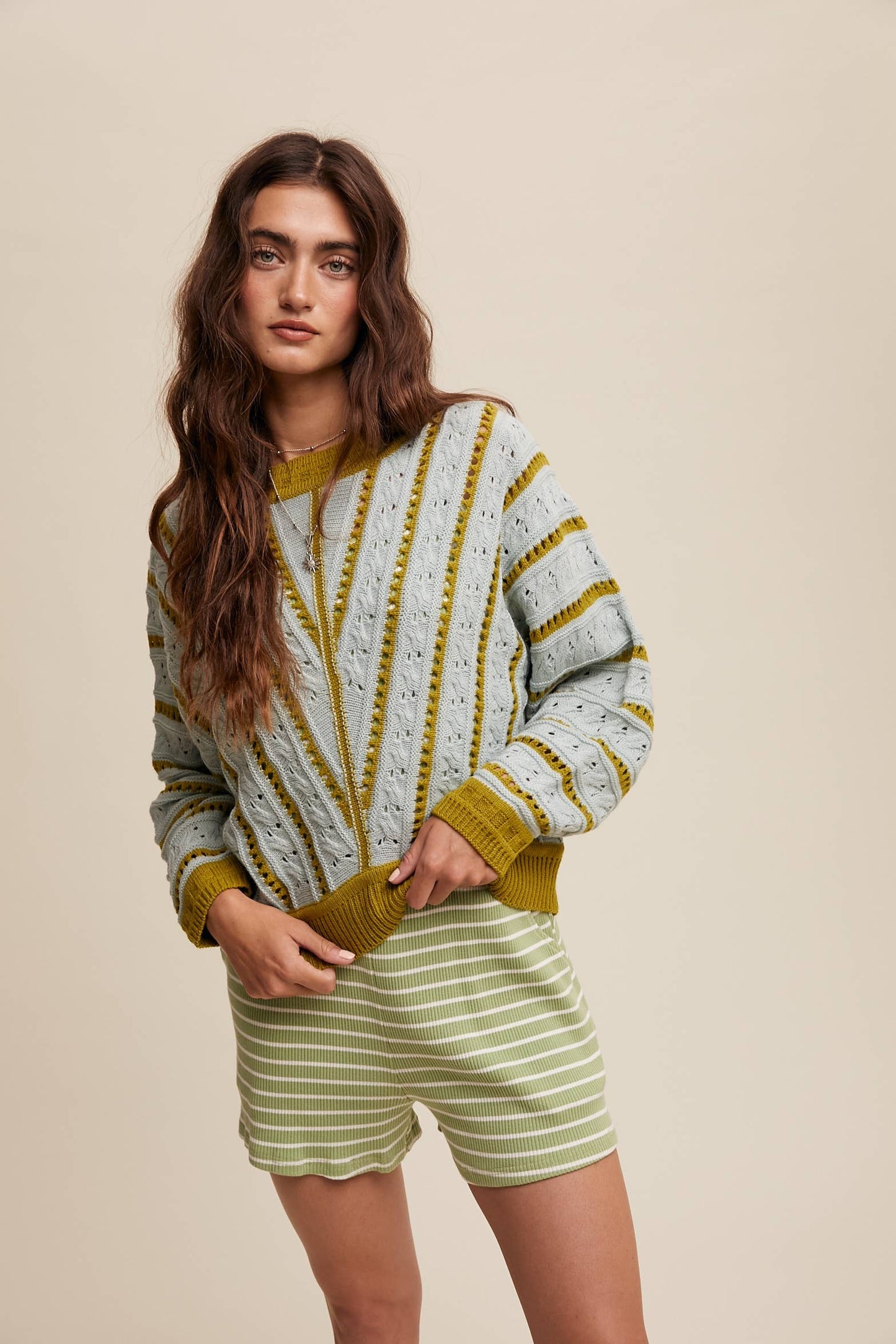 V- Striped Pointelle Light Weight Knit Sweater