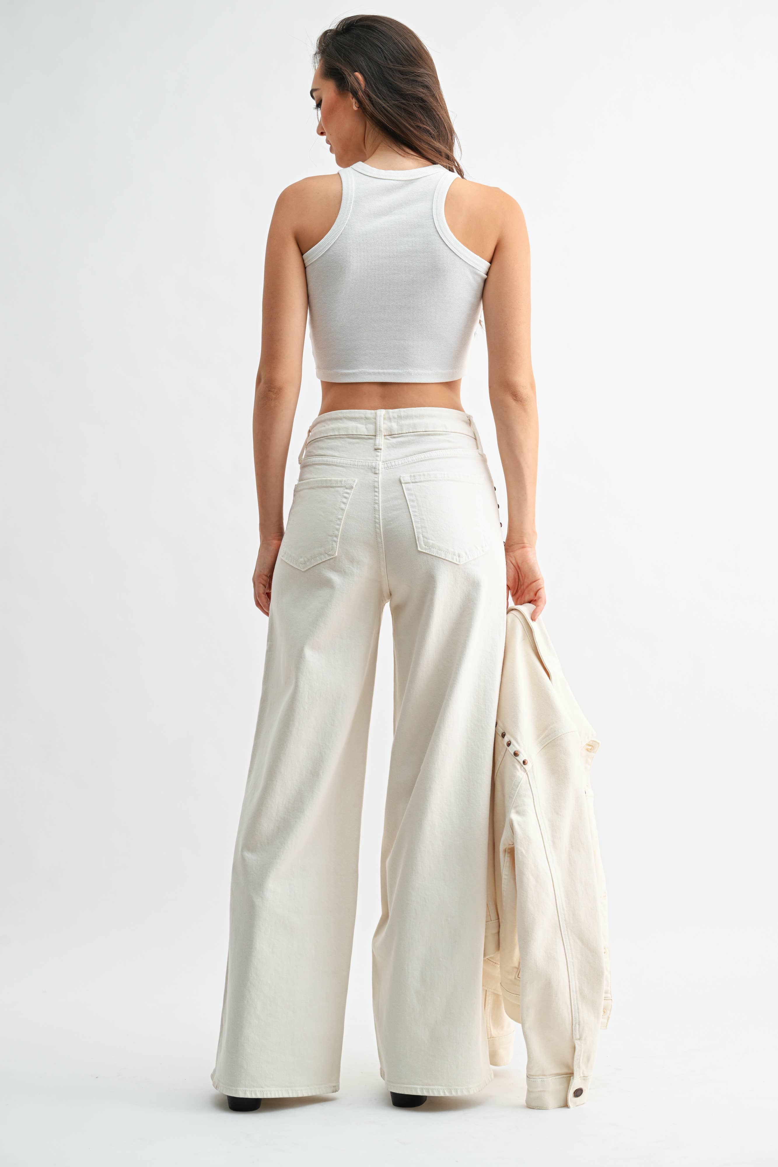 High Rise Cream Studded Wide Leg
